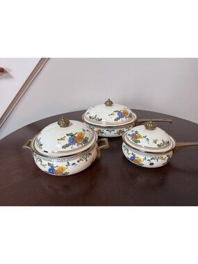 Vintage ASTA Enamelware Cookware 6 pc Set Floral Old Amsterdam MINT